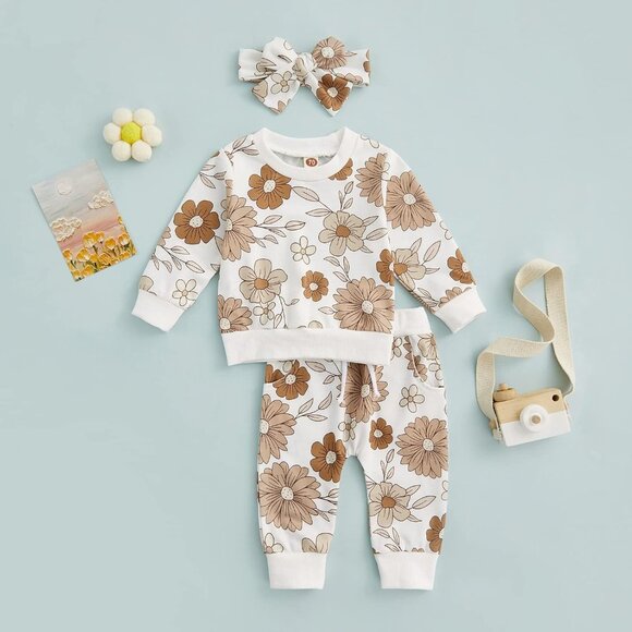 Cozy 3-Piece Fall Winter Baby Girl Clothes: Sweatshirt, Leggings & Bow Headband - Picture 5 of 7